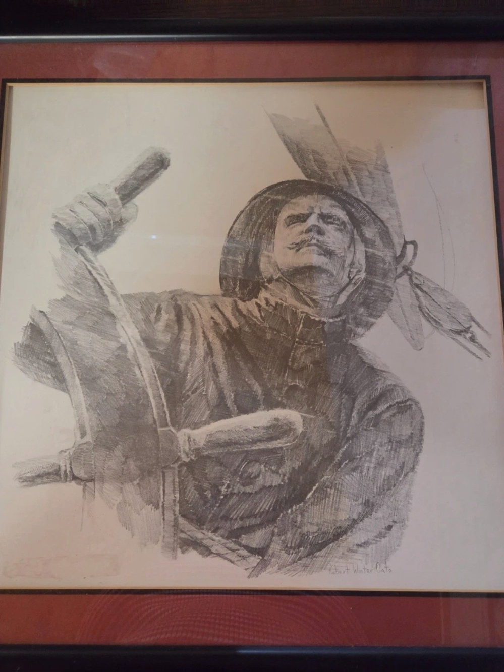 Robert Winter Cato Framed Nautical Sketch Print - Sailor at Wheel